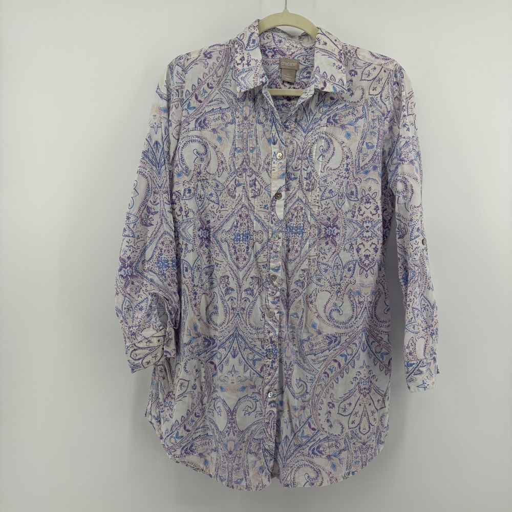 Chico's Women 4/6 White Purple Paisley Cotton Button Down Roll Tab‎ Tunic Shirt
